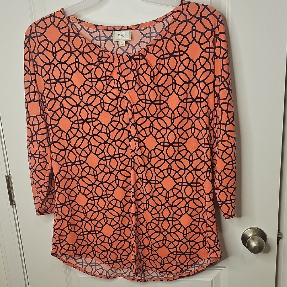 ECI Women's Coral and Black Patterned Blouse Size XL